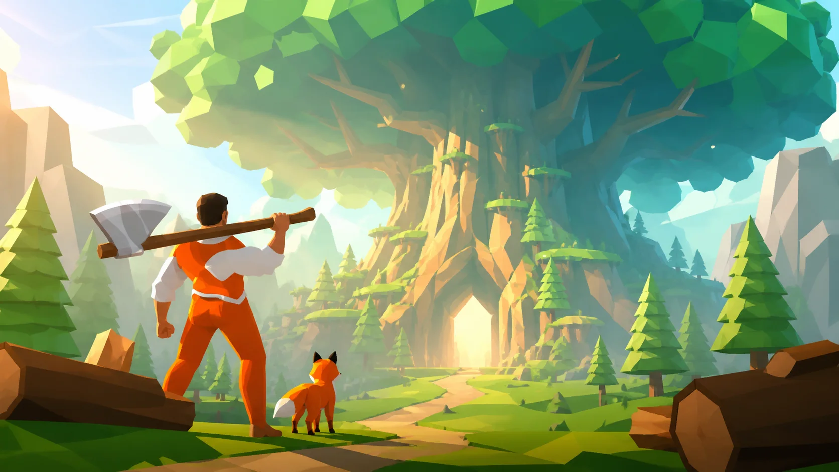 Idle Lumberjack 2 hero and fox beside a legendary tree