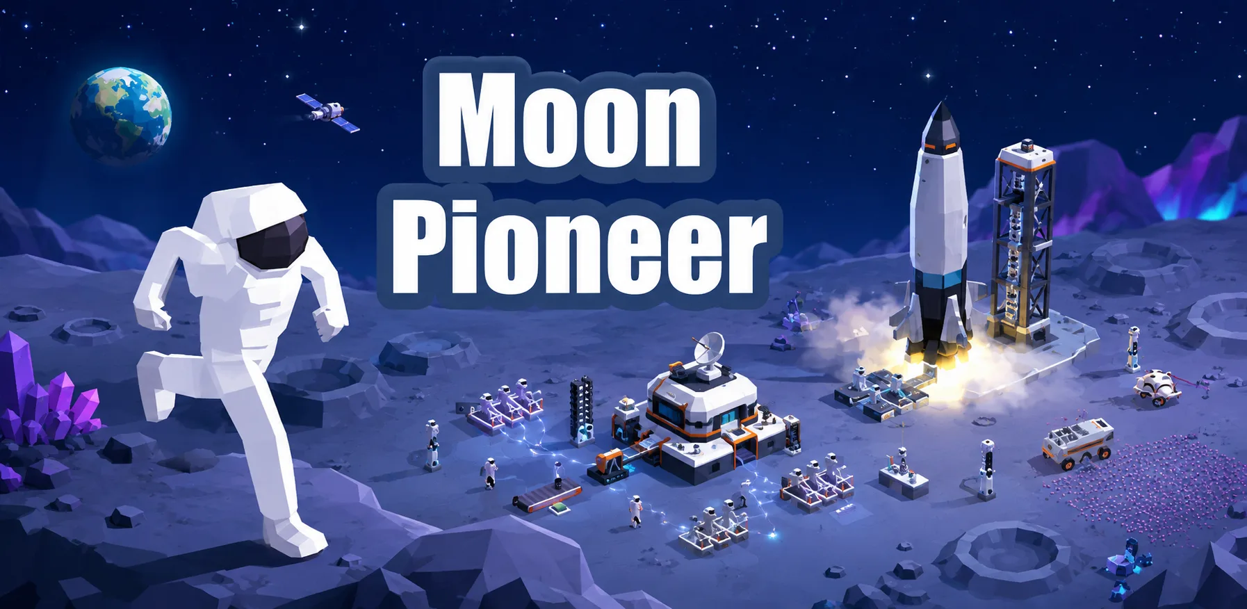 Moon Pioneer lunar base, astronaut and rocket
